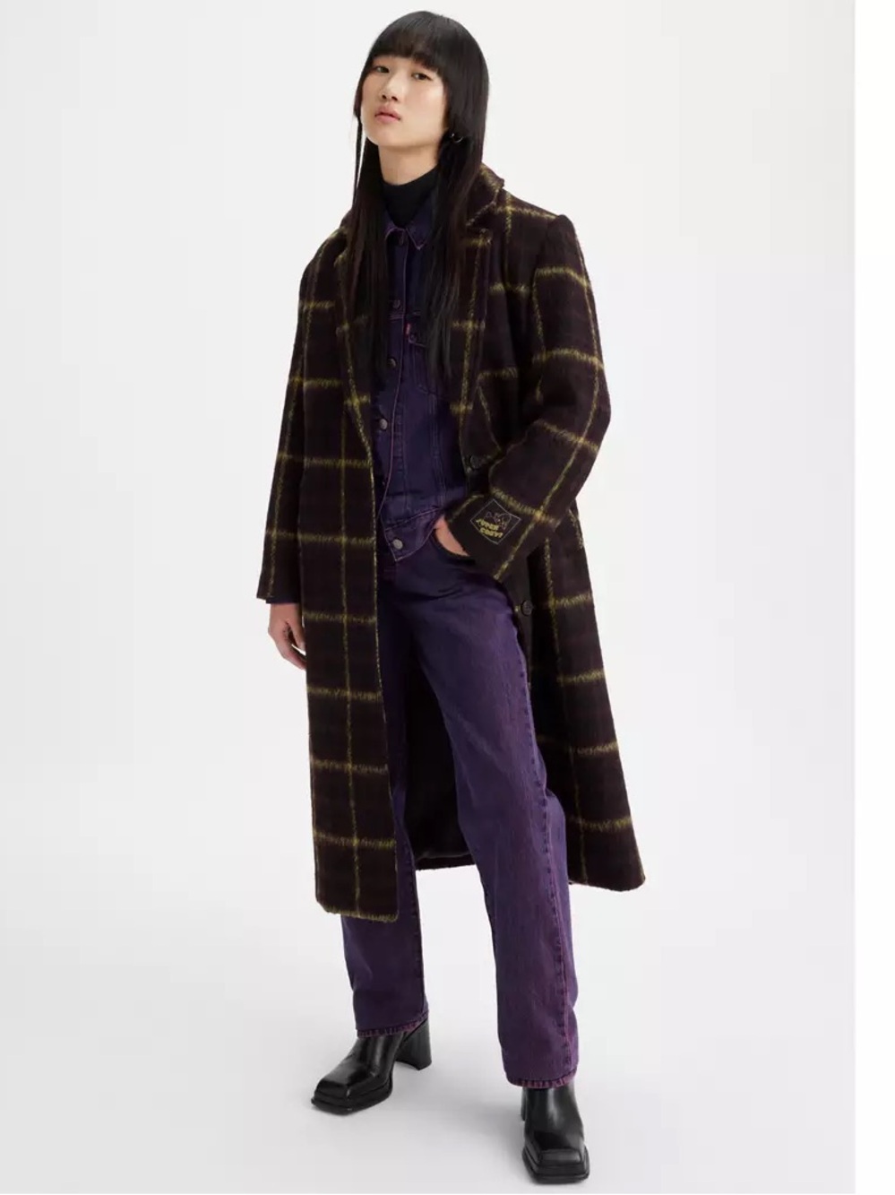 Levi's Black Plaid Pea Coat with Yellow Windowpane